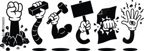 Vector bold hand icons set with raised fist breaking ground holding brick swinging hammer holding sign punching paper eye palm