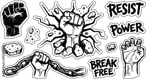 Tattoo flash sticker sheet with bold black ink fists breaking chains raised fist bursting through cracked wall protest power slogans