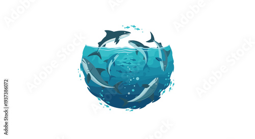 Various sharks and smaller fish are actively swimming within a circular blue body of water, some breaking the surface.
