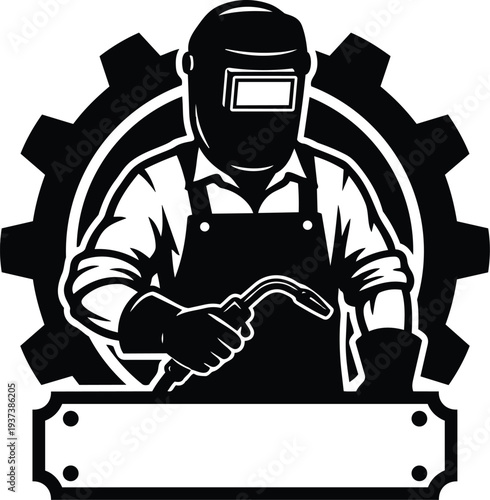Vector art close up welder with mask holding torch in industrial gear badge with blank nameplate low contrast monochrome emblem
