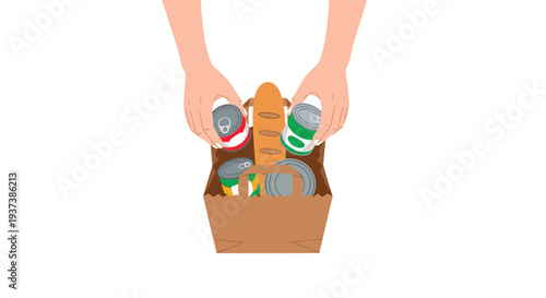 A pair of hands is actively placing canned goods and a baguette into a brown paper grocery bag from above.