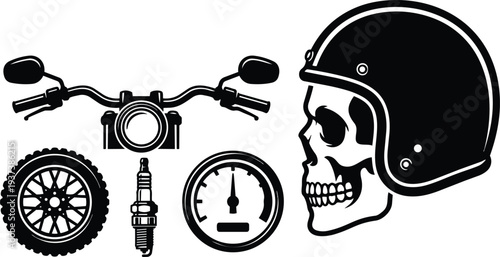 Tattoo flash skull with open face helmet and motorcycle handlebars speedometer wheel and spark plug close up retro silhouette illustration