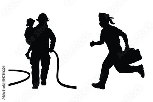 Firefighter and Running Person with Briefcase Silhouettes