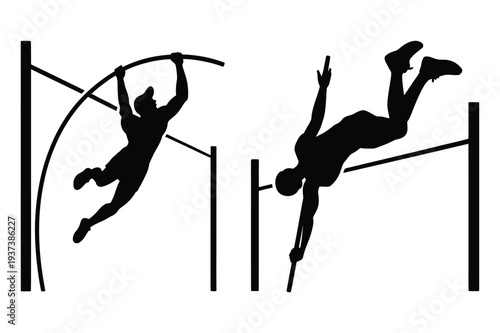 Pole vault athletes silhouettes, high jump sport vector illustration