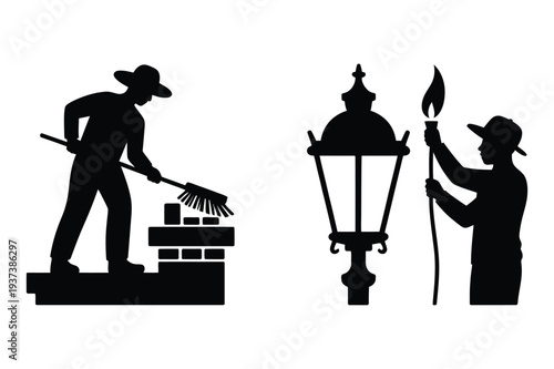 Chimney sweep and lamp lighter, historical street cleaner vector