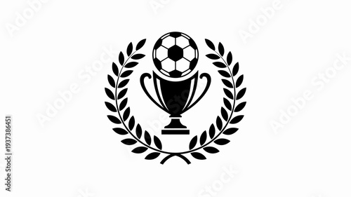 A black and white emblem features a soccer ball nestled within a laurel wreath encircling a trophy symbolizing victory and sportsmanship high quality professional detailed modern