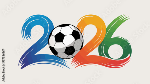 A vibrant graphic displays the number 2026 incorporating a soccer ball within the zero symbolizing a future sporting event high quality professional detailed modern elegant stylish