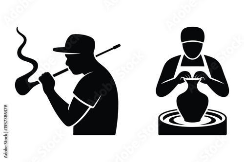 Man Smoking Pipe and Potter Crafting - Leisure and Hobby Silhouettes