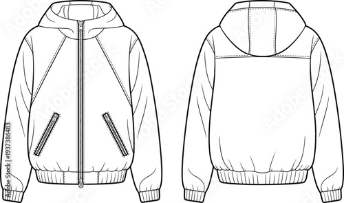 Flat sketch of hooded bomber jacket front and back view, technical fashion drawing for winter apparel, zippered pockets, ribbed hemline
