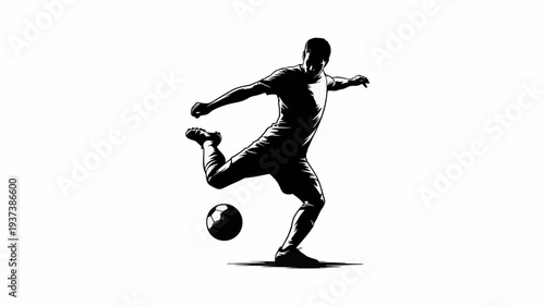 A striking silhouette depicts a soccer player in mid kick powerfully connecting with a ball against a clean white background high quality professional detailed modern elegant