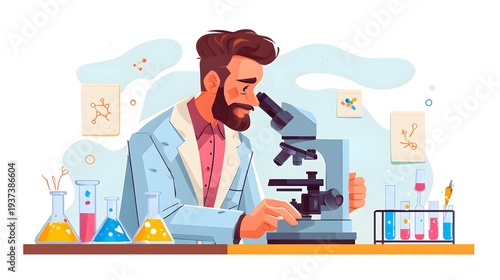 Bearded male scientist in lab coat using microscope in a laboratory.