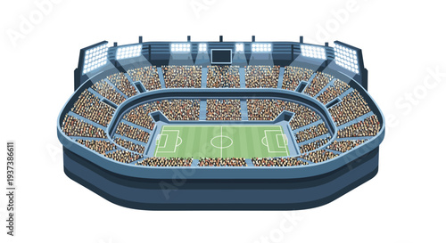 An empty, modern football stadium with a green playing field and spectator stands is depicted from an elevated, isometric perspective.