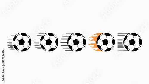A row of five soccer balls depicts motion and energy with one ball appearing aflame suggesting speed and intensity high quality professional detailed modern elegant stylish