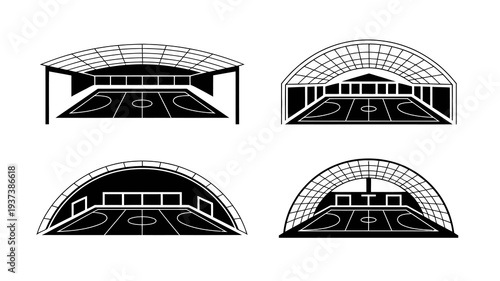A black and white architectural illustration depicts four variations of a stadium or arena with arched roofs and seating high quality professional detailed modern elegant stylish