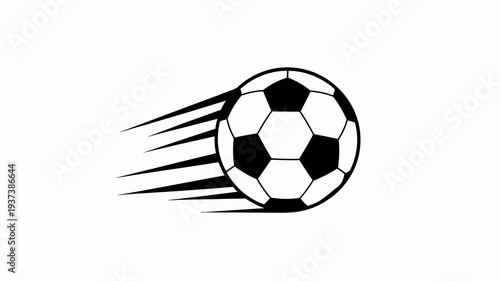 A dynamic illustration depicts a black and white soccer ball in motion emphasized by speed lines trailing behind it against a white background high quality professional