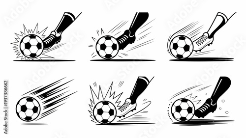 A sequence of black and white illustrations depicts a soccer ball being kicked by a cleated shoe showcasing impact and motion high quality professional detailed modern