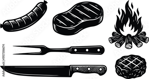 Engraving style close up barbecue icons sausage steak burger patty carving fork knife campfire wood grill set vintage monochrome illustration