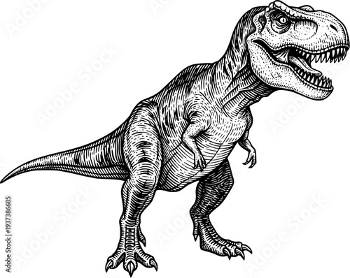 Tyrannosaurus Rex Dinosaur Engraving Style Illustration Isolated for Prehistoric Animal, Education, Science and Museum Design