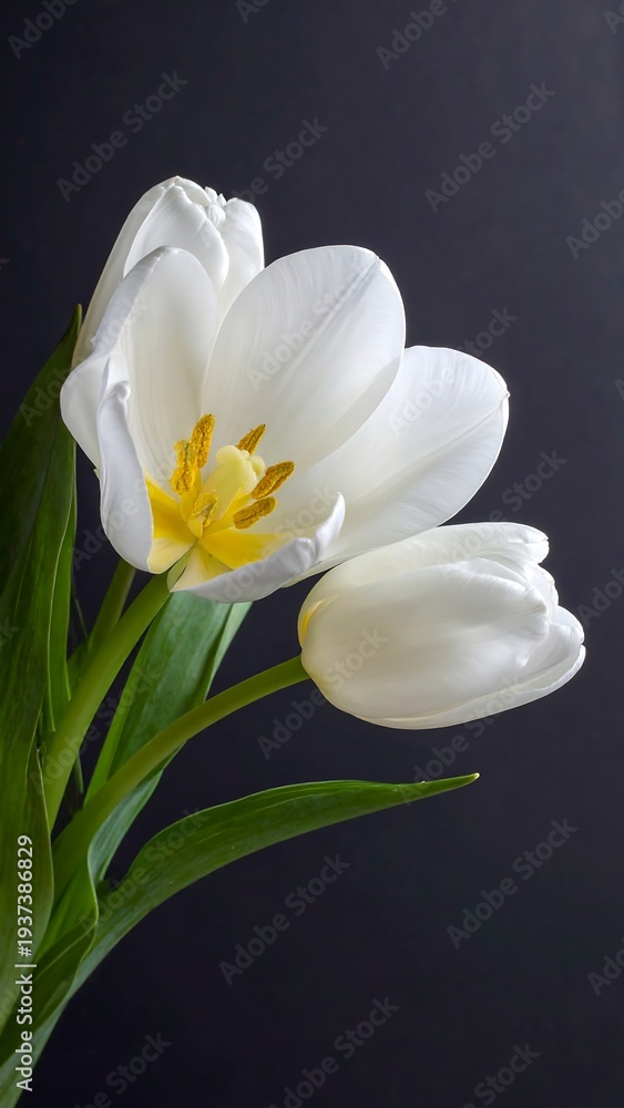 Fototapeta premium Trio of white tulips, one in full bloom, others still budding, dark backdrop