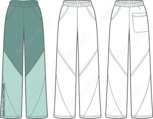 Flat front and back view of color block wide-leg jogger pants with pocket, technical fashion drawing, apparel vector sketch