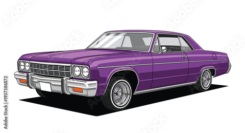 A sleek, two-door vintage muscle car, painted in a vibrant purple with chrome details and wire-spoke wheels, is shown from a three-quarter front perspective.