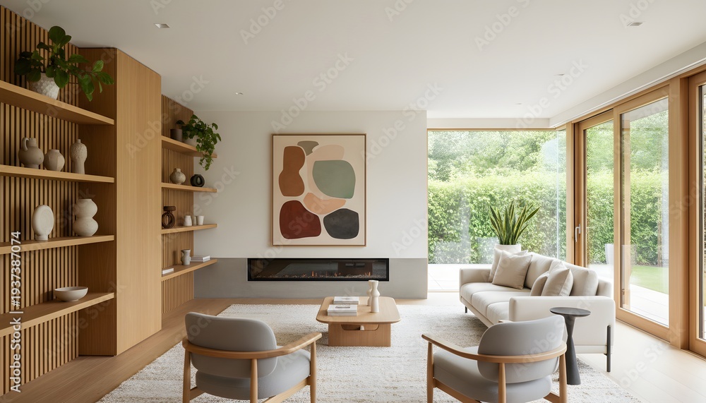 Fototapeta premium Contemporary Scandinavian Minimalist Living Room with Abstract Painting
