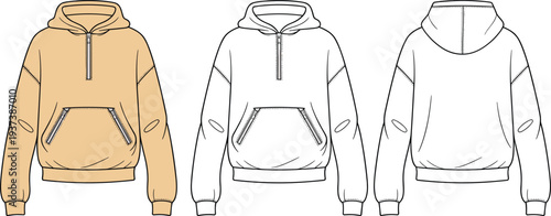 Flat sketch of casual zip-up hoodie with kangaroo pocket, front and back views, fashion technical drawing for apparel design template.
