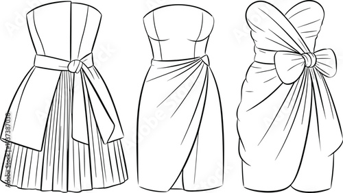 Fashion sketch of strapless evening dresses, pleated, draped, bow detail, front view, technical flat, elegant design, vector illustration