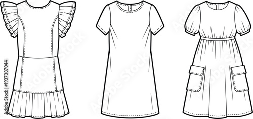 Fashion technical flat sketch of three stylish girls' dresses with ruffles, puff sleeves, pockets, round neckline, and A-line silhouette
