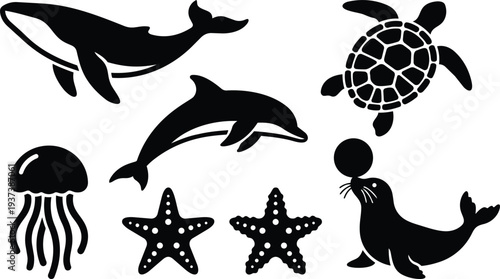 Flat design close up marine animal silhouette set with whale dolphin turtle seal jellyfish starfish playful low angle vector art