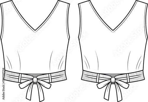 Fashion flat sketch, sleeveless V-neck top with bow waist belt, front and back view, technical design for apparel illustration