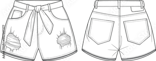 Flat sketch of distressed denim shorts with front tie belt, ripped design, back pockets, technical fashion drawing for apparel design