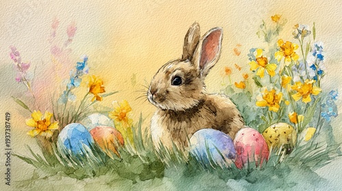  Cute Easter bunny in a spring meadow with colorful painted eggs, digital painting.