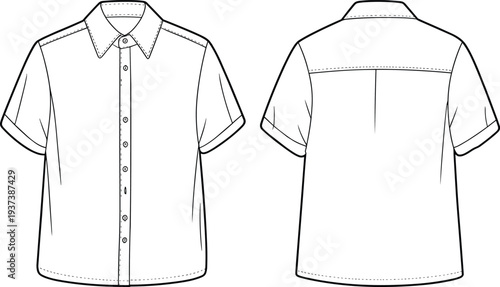 Flat sketch of short sleeve button-up shirt with collar, front and back technical fashion drawing, clothing vector template design