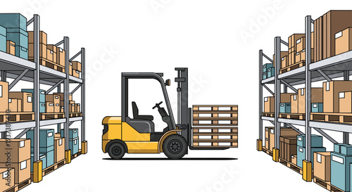 A yellow forklift carries wooden pallets in a warehouse aisle between tall metal shelving units filled with cardboard boxes.