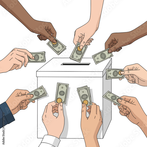 Hands Donating Money to Charity Box.