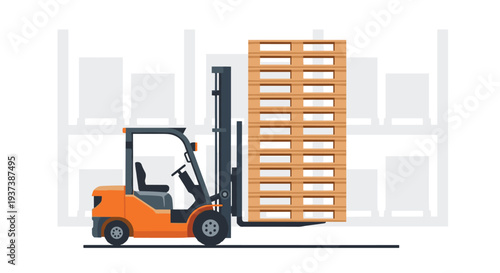 An orange forklift is depicted in profile, lifting a very tall stack of wooden pallets against a blurred warehouse background.