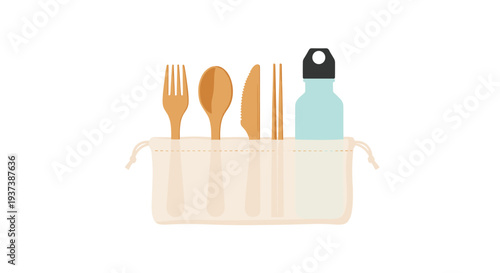 A collection of reusable wooden cutlery and a light blue water bottle are neatly organized within a fabric pouch on a white surface.