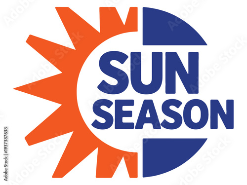 Sun Season Logo with Orange Sun and Blue Text on White Background