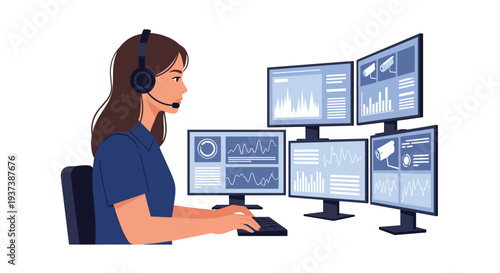 A woman with a headset sits at a desk, typing on a keyboard, facing a cluster of four monitors displaying data and camera feeds.