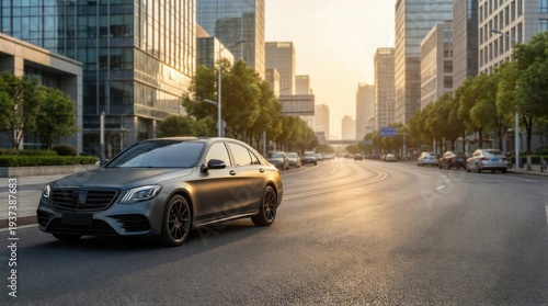Customized premium class car in metropolis street at sunset. Expensive automobile on urban road. Concept of car tuning atelier for luxury vehicles.