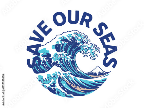 Save Our Seas Ocean Wave Graphic Illustration with Mountain Background