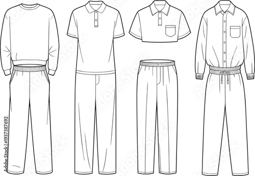 Flat sketch fashion vector, casual outfit design, men’s clothing set, front view template, sweatshirt, polo, shirt, joggers flat vector illustration