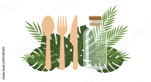 Three wooden dining utensils and a glass bottle are artfully arranged amidst a cluster of lush green tropical leaves on a pristine white surface.