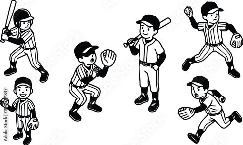 Line art cartoon baseball players in vintage uniforms batting throwing catching and running set on white background dynamic sports illustration