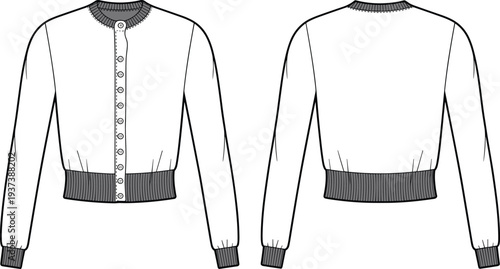  Flat sketch front and back women’s button-up cardigan sweater with ribbed cuff, hem, and collar, vector fashion design template flat vector illustration