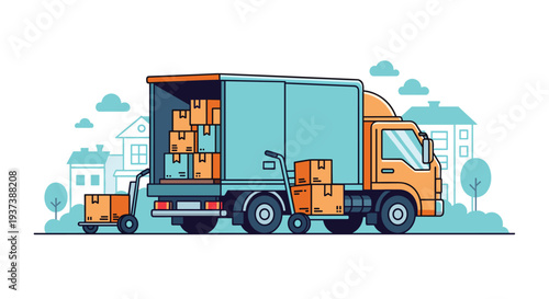 A large delivery truck, with its back open and filled with cardboard boxes, is parked on a street with two hand trucks also loaded with packages.