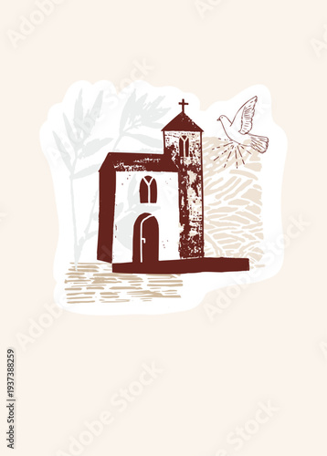 Hand drawn collage style christian church holy spirit greetings card. Isolated flat vertical vector faith sticker ready to print. Religious poster, church bulletin. Modern baptism journaling aesthetic
