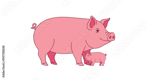 A large adult pink pig with a curled tail and a small pink piglet are standing together, both facing right on a clean white background.