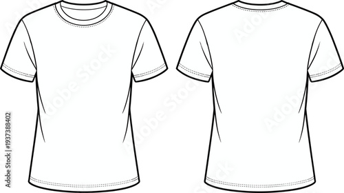 Flat front and back view technical sketch of basic crew neck short sleeve t-shirt, fashion vector template for menswear design flat vector illustration